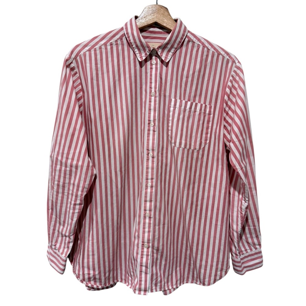 Sezane Max Shirt Striped Oversized Cotton Button Up Sz 36 Pink White Long Sleeve